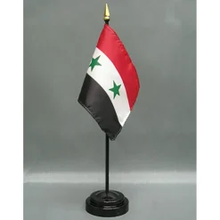 Syria Desk Flag with Base; American Made Rayon 4x6 inch Miniature Table Set Includes One Small Mini Country Stick Flags and One Black Stand