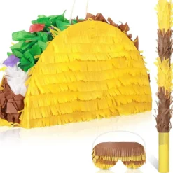Taco Piñata Set Mexican Birthday Party Decorations Cinco De Mayo Fiesta Theme Taco Pinata with Plastic Stick and Blindfold for Mexican Themed Party Supplies Favors, 15 x 8 x 3 Inches