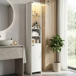 Tall Bathroom Storage Cabinet with LED Lights, 67" Slim Linen Tower with Tempered Glass Door, Adjustable Shelves, Freestanding Organizer