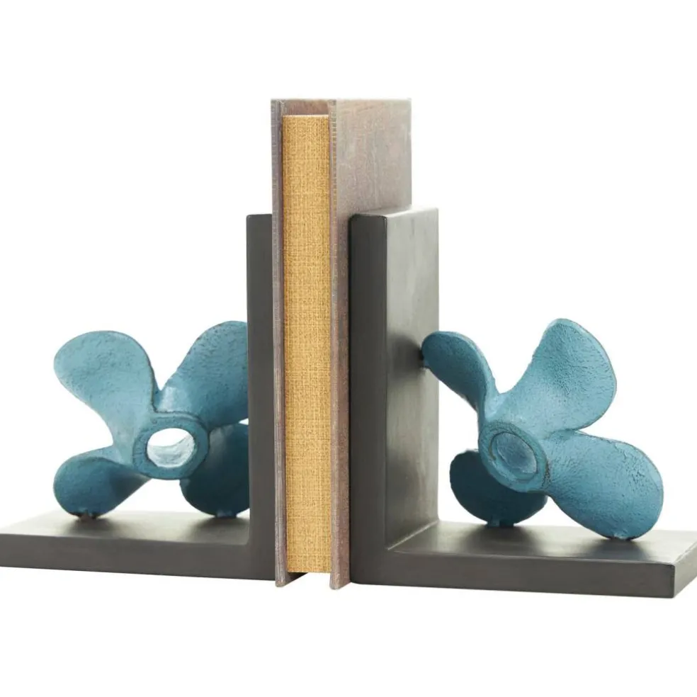 6.5" Teal Metal Boat Distressed Propeller Bookends with Brown L-Shaped Stands