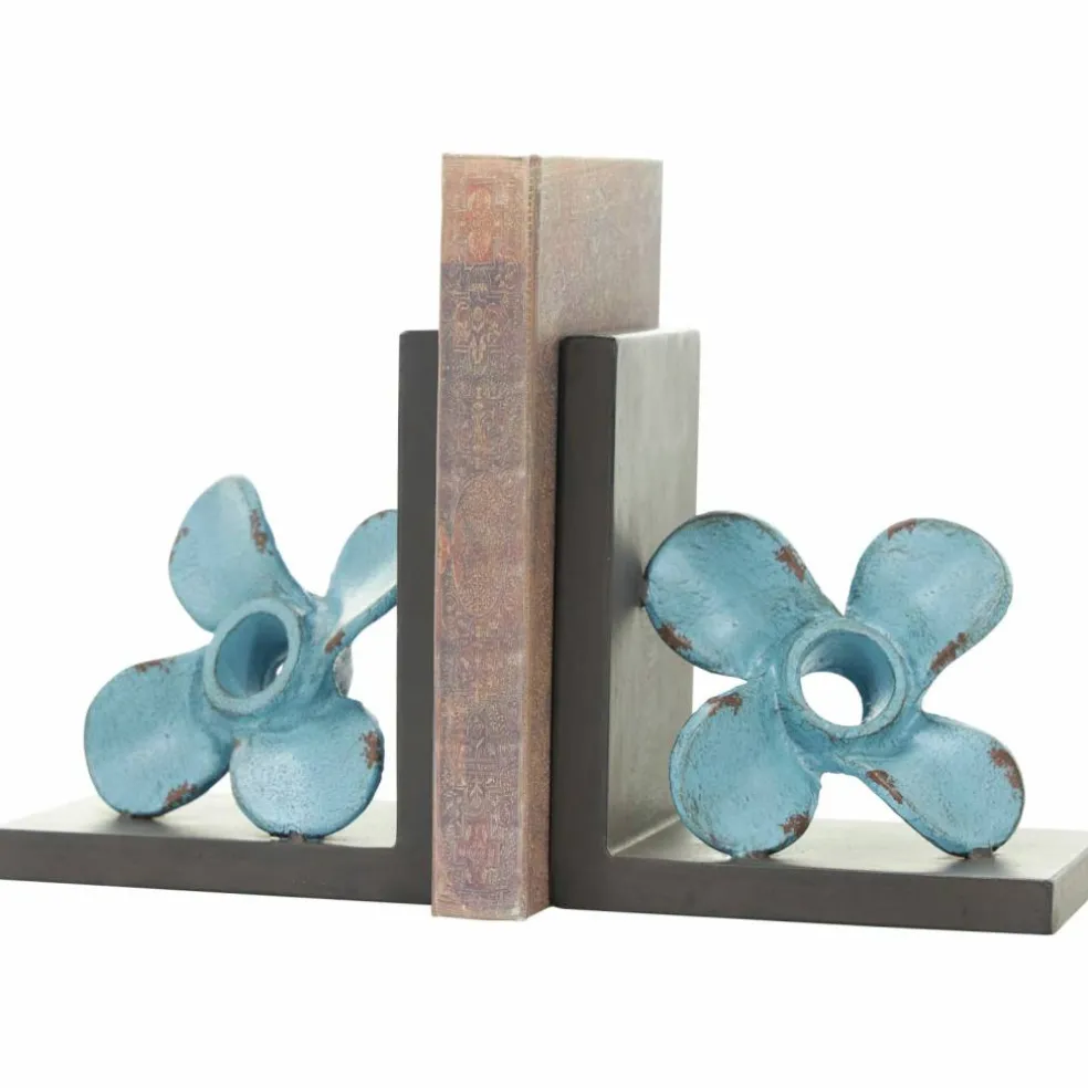 6.5" Teal Metal Boat Distressed Propeller Bookends with Brown L-Shaped Stands