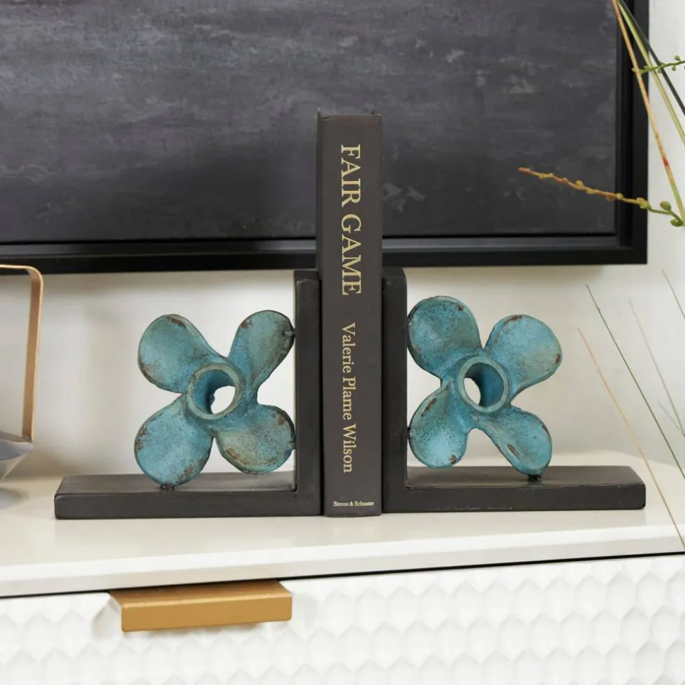 6.5" Teal Metal Boat Distressed Propeller Bookends with Brown L-Shaped Stands