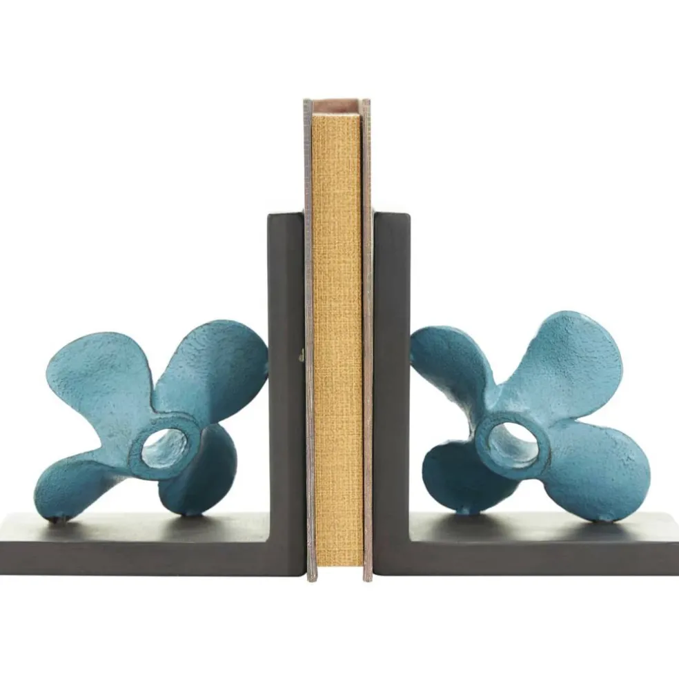 6.5" Teal Metal Boat Distressed Propeller Bookends with Brown L-Shaped Stands