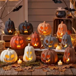 Terracotta Halloween Pumpkin Decorations, 2 Pack Jack O Lantern Clay Pumpkins, 7.1" & 5.9" Rustic Pumpkin Tea Light Holders, Fall Tabletop Decor for Indoor Outdoor