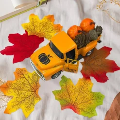 Thanksgiving Fall Decorations – Farmhouse Vintage Metal Truck with Mini Artificial Pumpkins, Pinecones, Acorn & Maple Leaf – Rustic Autumn Table Centerpiece, Tiered Tray Decor, Indoor Harvest Home Decor