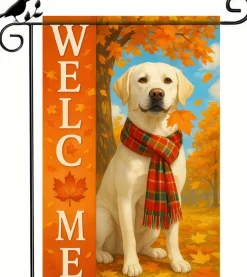 Thanksgiving Fall Garden Flag 12x18 Double Sided, Welcome Labrador Retriever Dog Autumn Yard Banner with Plaid Scarf Maple Leaves Outdoor Porch Lawn Holiday Seasonal Decor