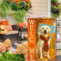 Thanksgiving Fall Garden Flag 12x18 Double Sided, Welcome Labrador Retriever Dog Autumn Yard Banner with Plaid Scarf Maple Leaves Outdoor Porch Lawn Holiday Seasonal Decor