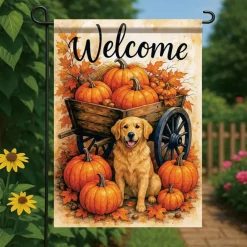 Thanksgiving Fall Garden Flag 12x18 Inch Double Sided Golden Retriever Pumpkin Autumn Yard Banner, Rustic Farmhouse Dog Lover Outdoor Porch Lawn Pathway Seasonal Holiday Decor
