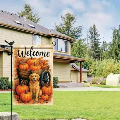 Thanksgiving Fall Garden Flag 12x18 Inch Double Sided Golden Retriever Pumpkin Autumn Yard Banner, Rustic Farmhouse Dog Lover Outdoor Porch Lawn Pathway Seasonal Holiday Decor