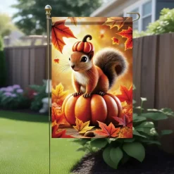 Thanksgiving Fall Garden Flag, 12 x 18 Inch Double-Sided Squirrel with Pumpkin Hat Yard Flag, Autumn Leaves & Acorn Outdoor Banner for Front Porch, Lawn, Garden, Pathway & Seasonal Decor