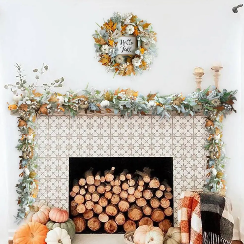 Thanksgiving Fall Wreath Eucalyptus Berries Pumpkins Lamb Ears Leaves Pumpkin Garland