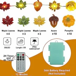 Thanksgiving Lights 10FT 30 LED Fall Lights 3D Pumpkin Maple Leaf Acorn Battery Operated String Lights Halloween Decorations Indoor Fall Decorations for Home Garland Party Autumn