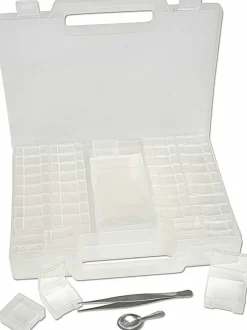 The Beadsmith Bead Organizer Carrying Case, 55 piece set, with removable compartments in assorted sizes, a carrying case, plus a bead scoop and tweezer.
