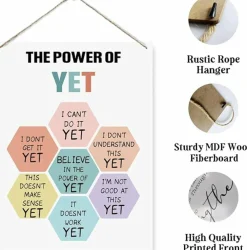 Therapy Decor “The Power of Yet” Wooden Wall Sign – Mental Health & Mindfulness Hanging Plaque – Motivational Classroom, Counseling Room, Office & Home Inspirational Wall Decor (15” x 11.4”)