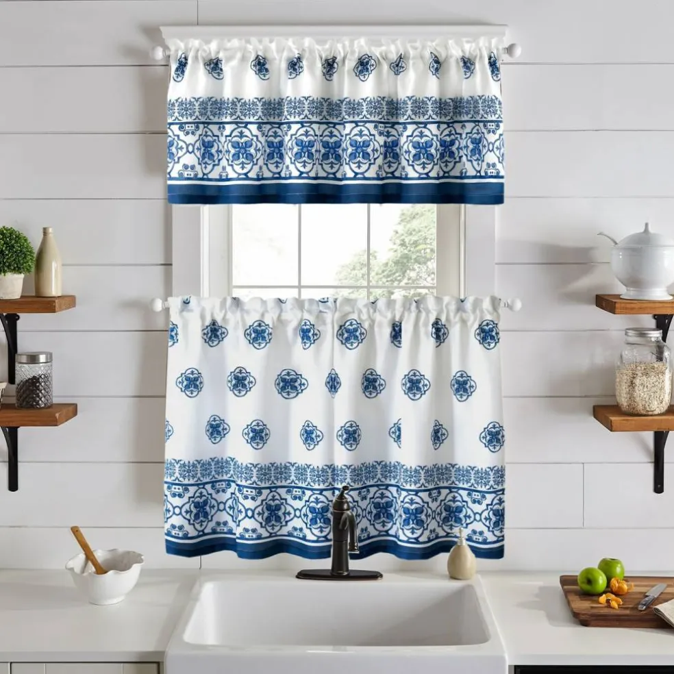 Threadmade Amani Tile Kitchen Valance, Ivory - 60"W x 15"L