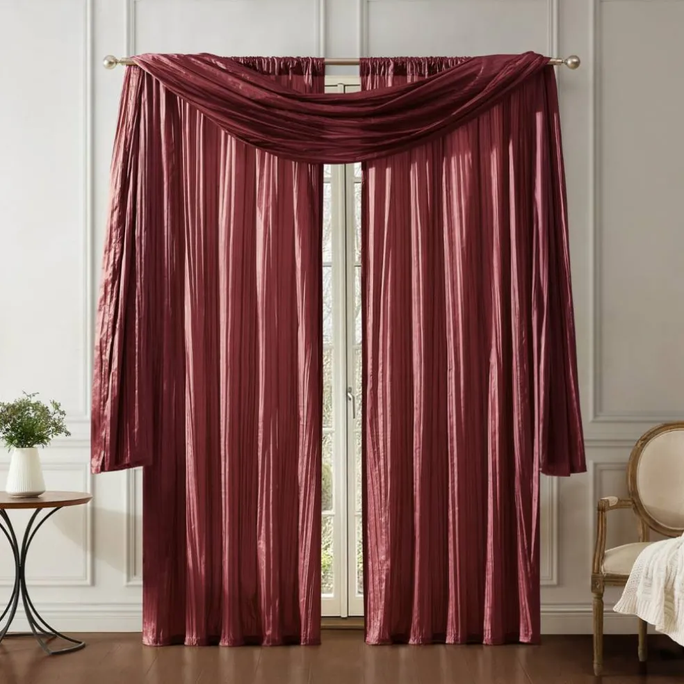 Threadmade Athena Faux Silk Window Curtain and Scarf Set, Red - 52"W x 108"L