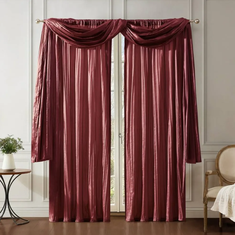 Threadmade Athena Faux Silk Window Curtain and Scarf Set, Red - 52"W x 108"L