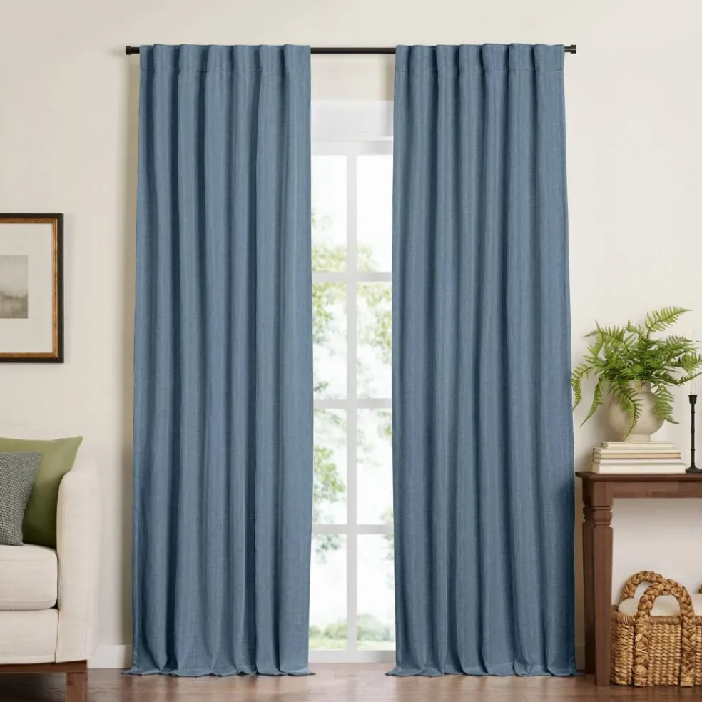 Threadmade Harrow Solid Texture Blackout Window Curtain Panel, Blue - 52"W x 95"L
