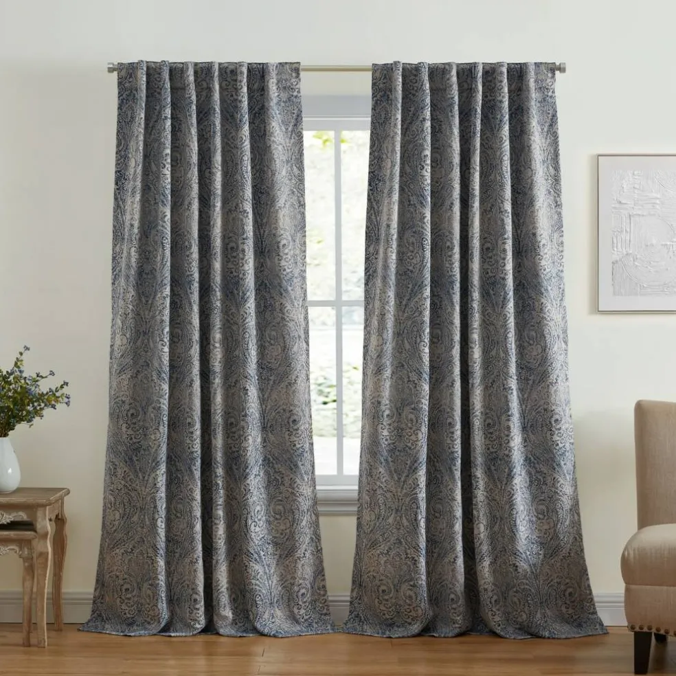 Threadmade Vittoria Paisley Printed Blackout Curtain Panel, Blue - 52"W x 84"L