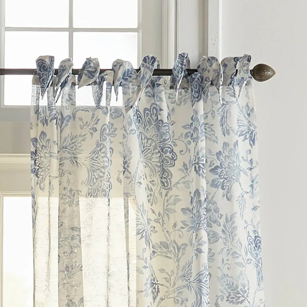 Threadmade Westport Floral Tie-Top Sheer Window Curtain, Gray - 52"W x 95"L
