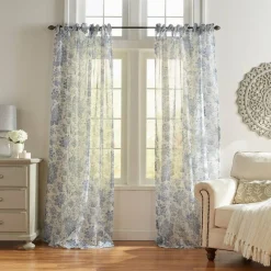 Threadmade Westport Floral Tie-Top Sheer Window Curtain, Gray - 52