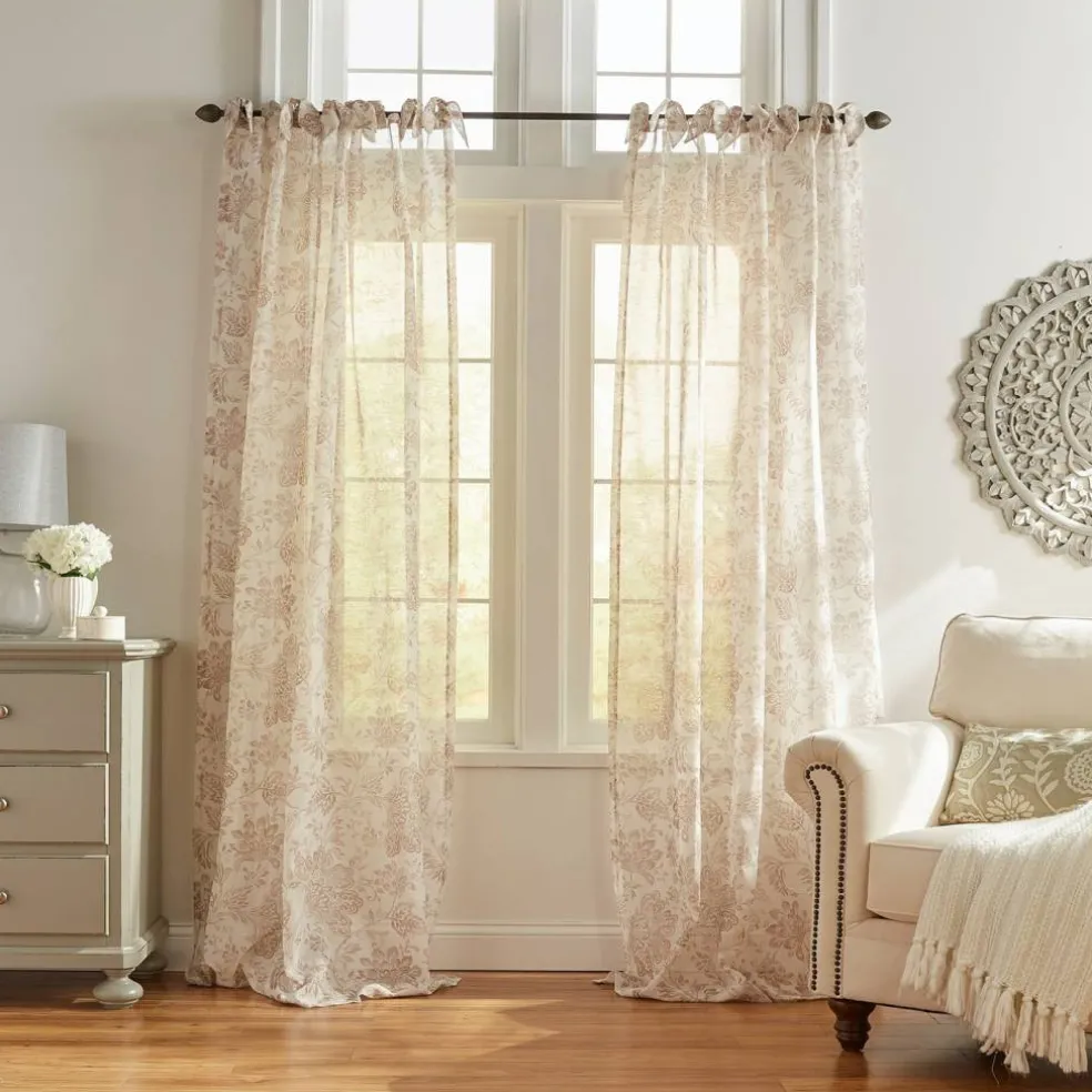 Threadmade Westport Floral Tie-Top Sheer Window Curtain, Gray - 52"W x 95"L