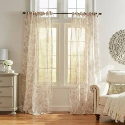 Threadmade Westport Floral Tie-Top Sheer Window Curtain, Gray - 52