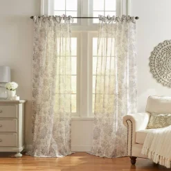 Threadmade Westport Floral Tie-Top Sheer Window Curtain, Gray - 52