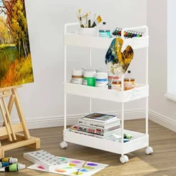 3 Tier Classic Storage Rolling Cart Slim Storage Cart with Wheels Slide Out Storage Rolling Cart Organizer Plastic for Bathroom Laundry, White