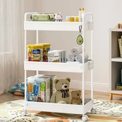 3 Tier Classic Storage Rolling Cart Slim Storage Cart with Wheels Slide Out Storage Rolling Cart Organizer Plastic for Bathroom Laundry, White