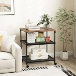 3-Tier Coffee Wooden Rolling Printer Cart with Lockable Wheels and Adjustable Storage Shelves