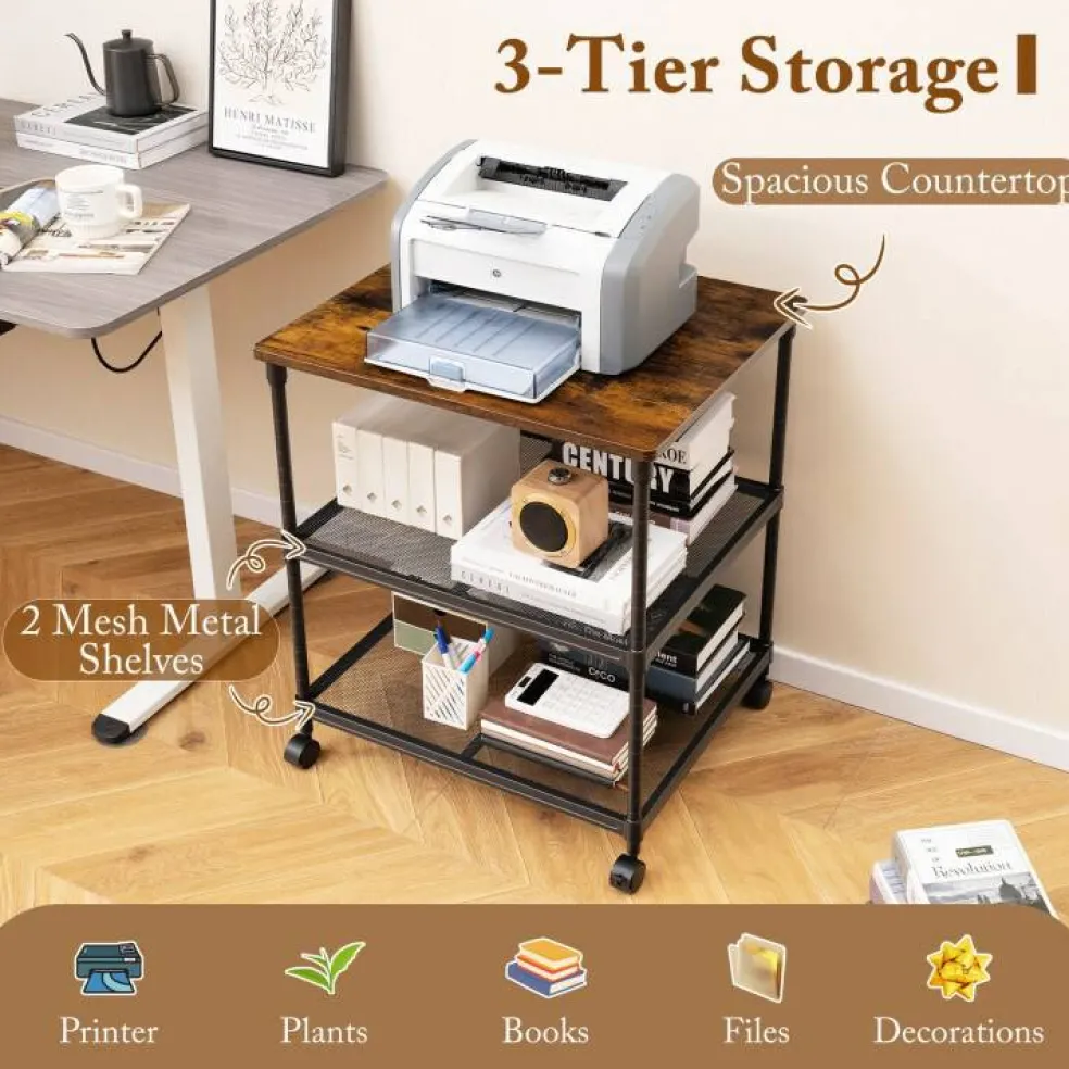 3-Tier Coffee Wooden Rolling Printer Cart with Lockable Wheels and Adjustable Storage Shelves