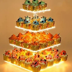 4 Tier Cupcake Stand Acrylic Tower Display with LED Light Premium Holder Dessert Tree Tower for Birthday Cady Bar Décor Weddings, Parties Events (Yellow Light)