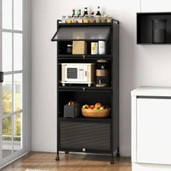 5-tier Kitchen Baker's Rack With Flip-up Pc Doors-black