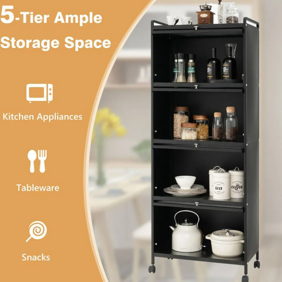 5-tier Kitchen Baker's Rack With Flip-up Pc Doors-black