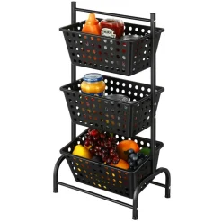3 Tier Kitchen Storage Cart, Floor Standing Vegetable Fruit Organizer Shelf with Detachable Baskets