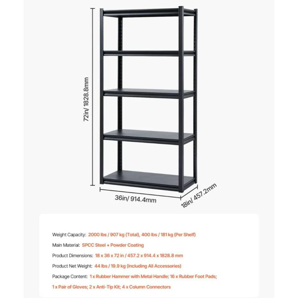 5-Tier Metal Storage Shelves 2000 lbs Garage Utility Rack Adjustable Kitchen Warehouse