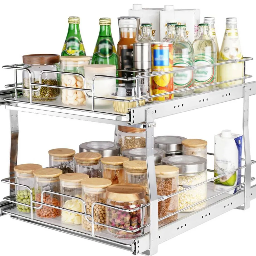2 Tier Pull Out Cabinet Organizer Slide Out Pantry Shelves