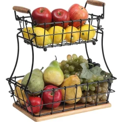 2-Tier Rectangle Countertop Fruit, Bread Wire Basket (Metal + Wood base)
