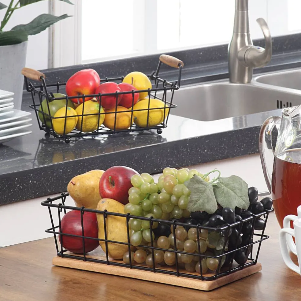 2-Tier Rectangle Countertop Fruit, Bread Wire Basket (Metal + Wood base)