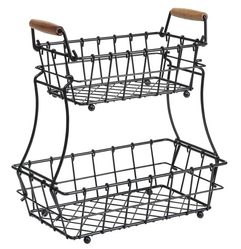 2-Tier Rectangle Countertop Fruit, Bread Wire Basket (Metal + Wood base)
