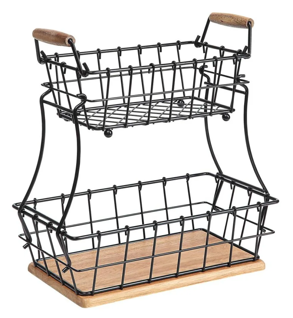 2-Tier Rectangle Countertop Fruit, Bread Wire Basket (Metal + Wood base)