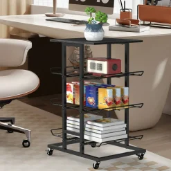 4-Tier Rolling Kitchen Storage Cart, Black Metal Wire Rack with Wheels & Tabletop