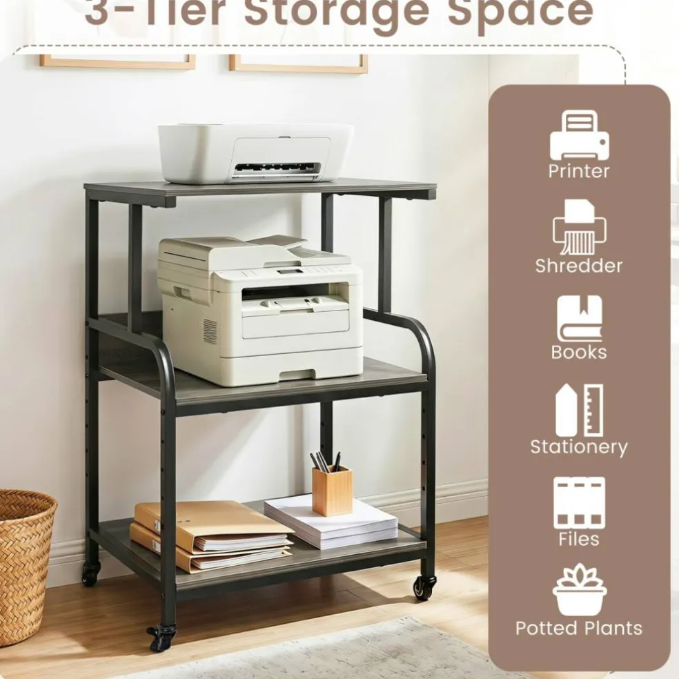 3-Tier Rolling Printer Stand with Adjustable Shelf, 21.5" Office Machine Cart with 4 Wheels, Metal Frame, Storage Rack for Printer, Paper & Office Supplies
