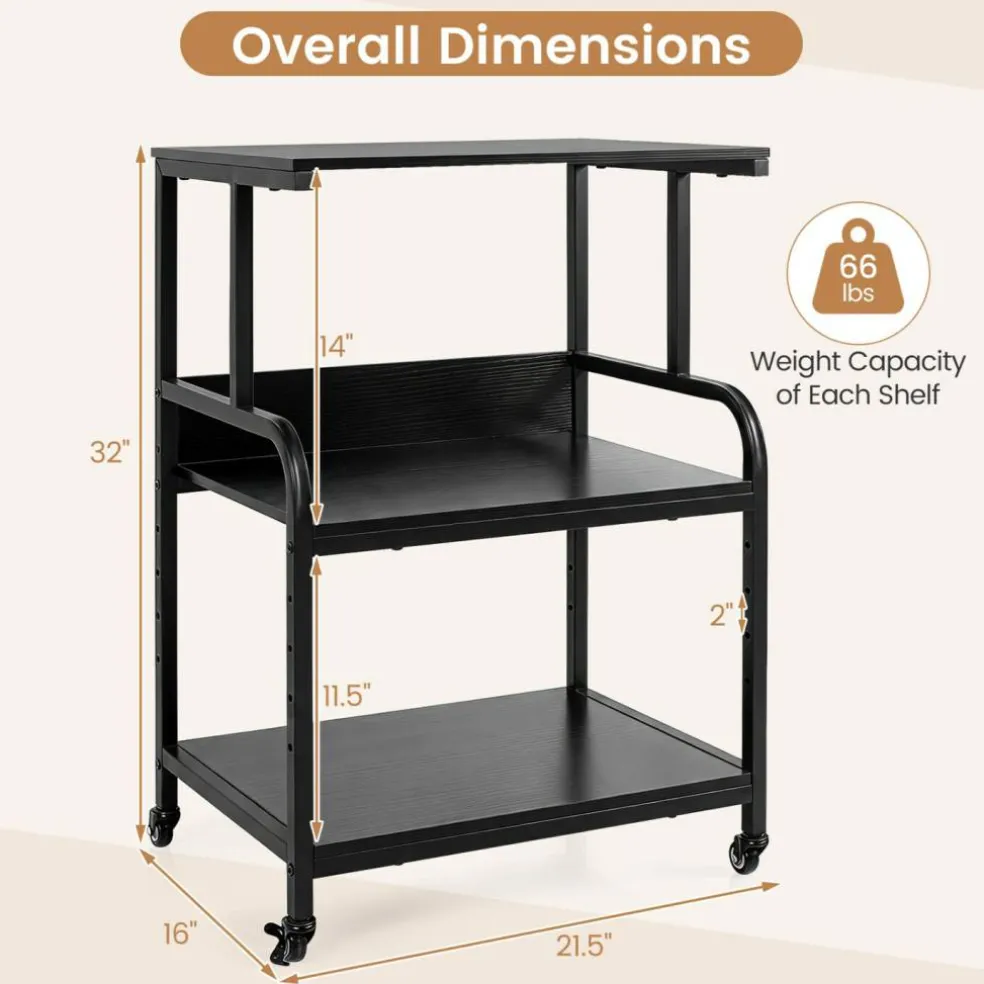 3-Tier Rolling Printer Stand with Adjustable Shelf, 21.5" Office Machine Cart with 4 Wheels, Metal Frame, Storage Rack for Printer, Paper & Office Supplies