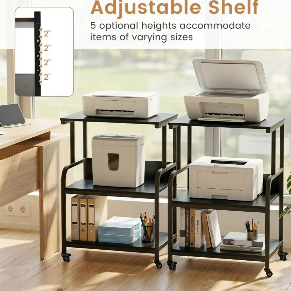 3-Tier Rolling Printer Stand with Adjustable Shelf, 21.5" Office Machine Cart with 4 Wheels, Metal Frame, Storage Rack for Printer, Paper & Office Supplies