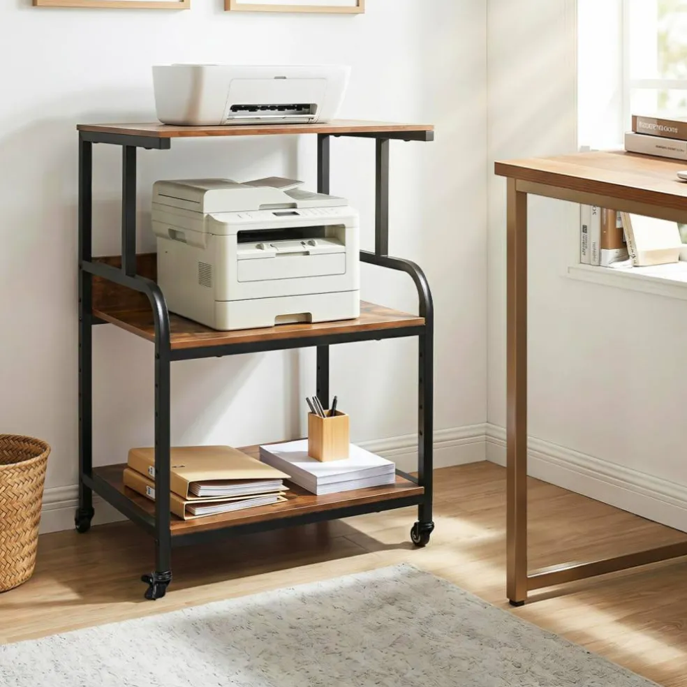 3-Tier Rolling Printer Stand with Adjustable Shelf, 21.5" Office Machine Cart with 4 Wheels, Metal Frame, Storage Rack for Printer, Paper & Office Supplies