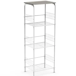 4-Tier Rolling Storage Cart with Wood Top, White Metal Wire Shelving Unit
