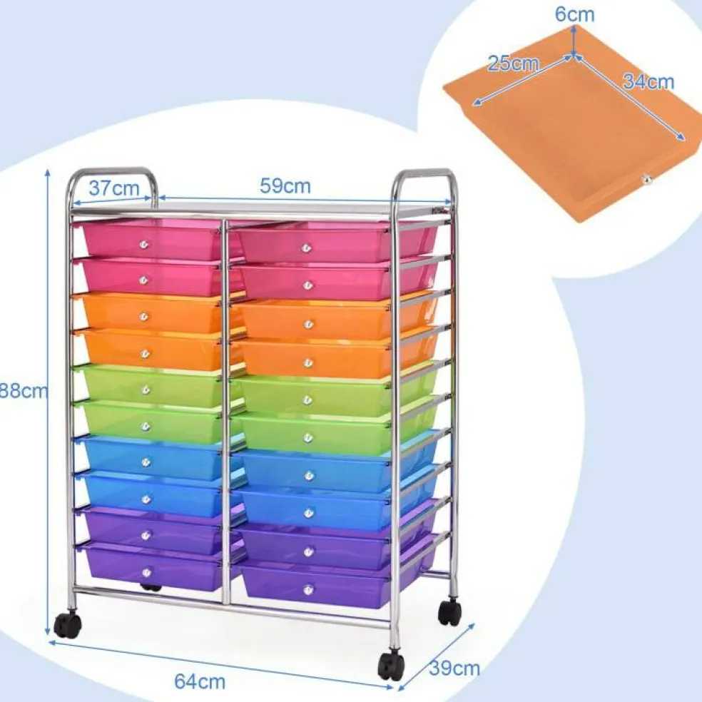 10-Tier Rolling Storage Cart with 20 Drawers, Mobile Organizer with Transparent Plastic Bins, Steel Frame, 4 Wheels