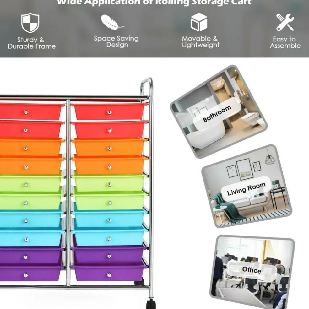 10-Tier Rolling Storage Cart with 20 Drawers, Mobile Organizer with Transparent Plastic Bins, Steel Frame, 4 Wheels